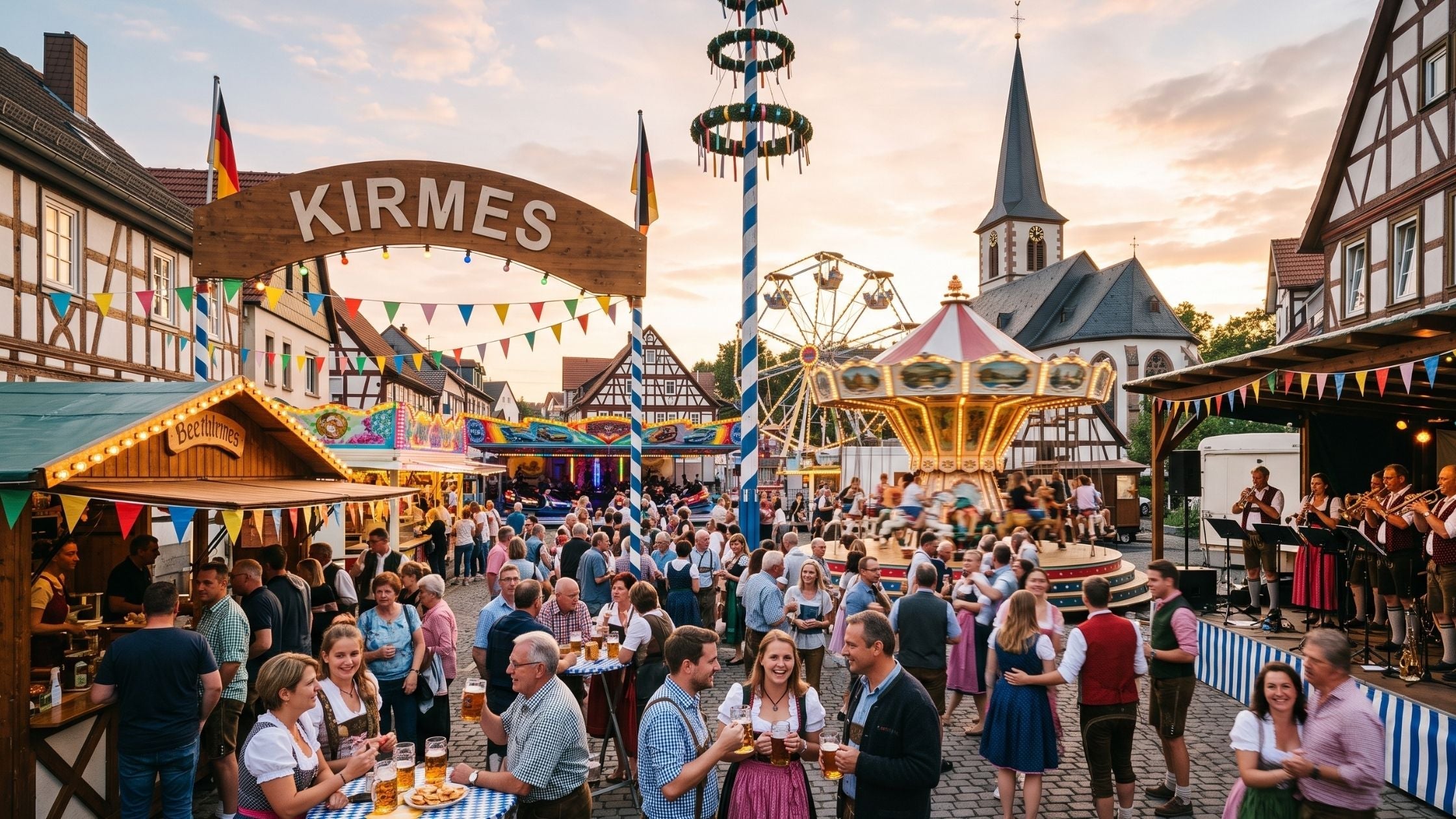Belebte Dorfkirmes auf einem historischen Kopfsteinpflaster-Marktplatz mit Fachwerkhäusern, Kettenkarussell, Kirmesbaum, Blasmusikbühne und feiernden Menschen bei Sonnenuntergang.