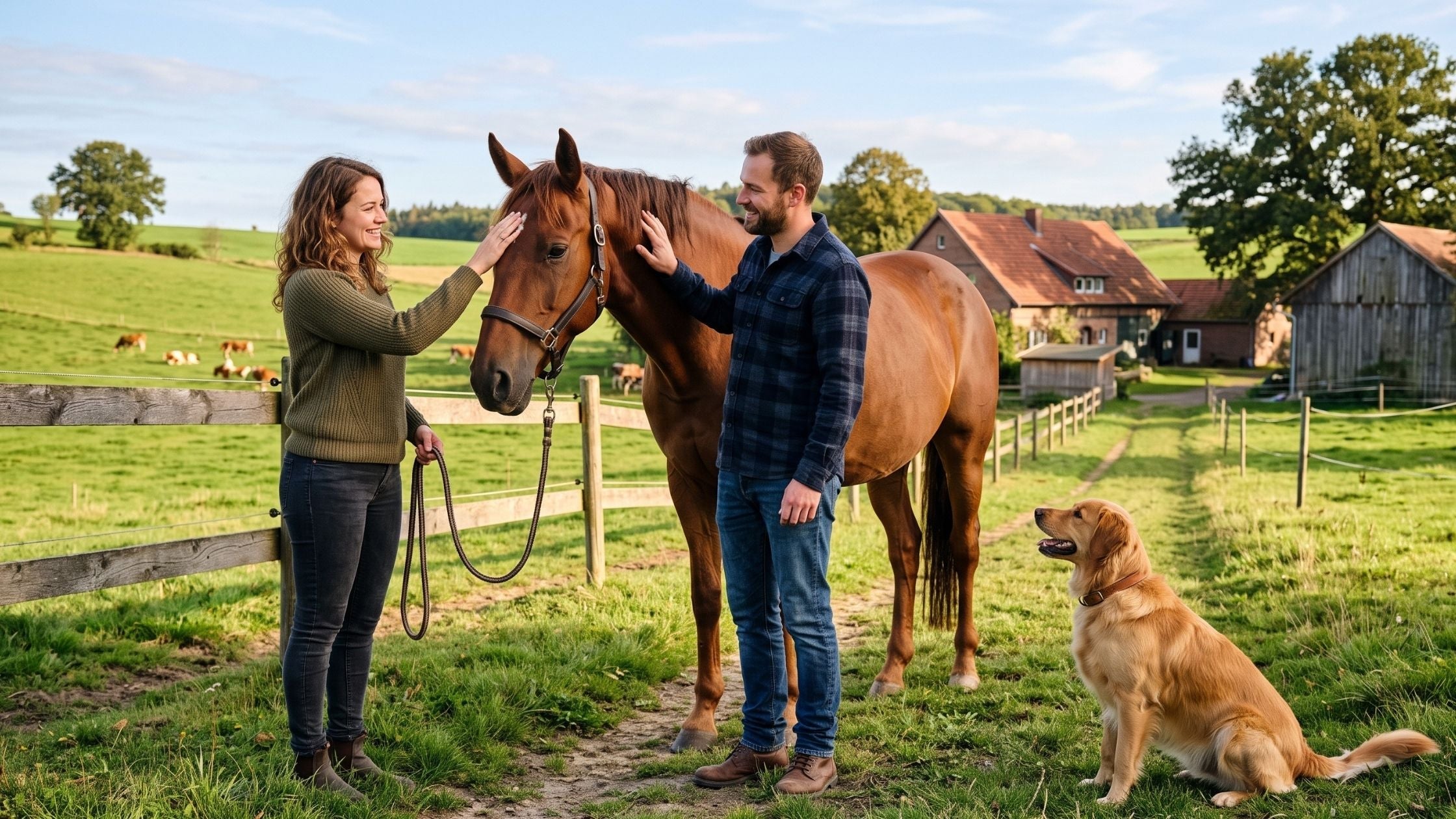 Ein Paar steht auf einer Weide und streichelt ein braunes Pferd, während ein goldener Hund daneben sitzt.