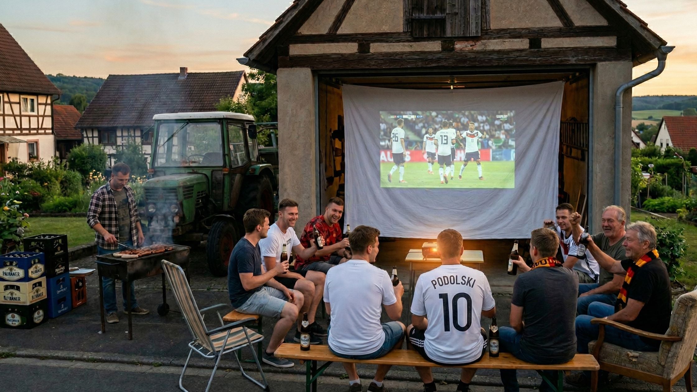 Eine Gruppe von Freunden schaut ein Fußball-Länderspiel auf einer improvisierten Leinwand vor einer Garage im Dorf; im Vordergrund sitzt ein Fan im weißen Podolski-Trikot mit der Nummer 10, daneben wird gegrillt.