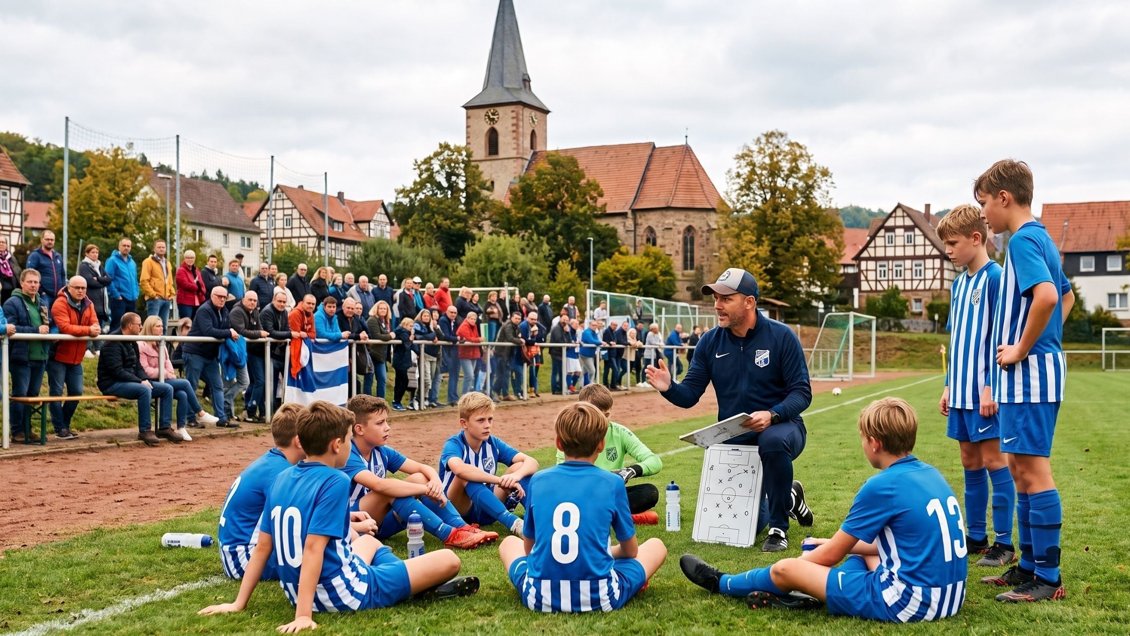 Ein Fußballtrainer erklärt seiner Jugendmannschaft in blau-weiß gestreiften Trikots in der Halbzeitpause Taktiken auf dem Spielfeld. Im Hintergrund stehen Zuschauer vor einer Kulisse aus Fachwerkhäusern und einer Kirche.