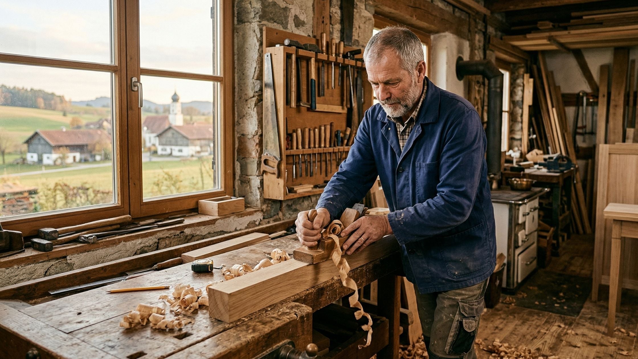Ein erfahrener Tischler in einer rustikalen Werkstatt hobelt einen Holzbalken von Hand; im Hintergrund ein Fenster mit Blick auf eine ländliche Dorflandschaft.