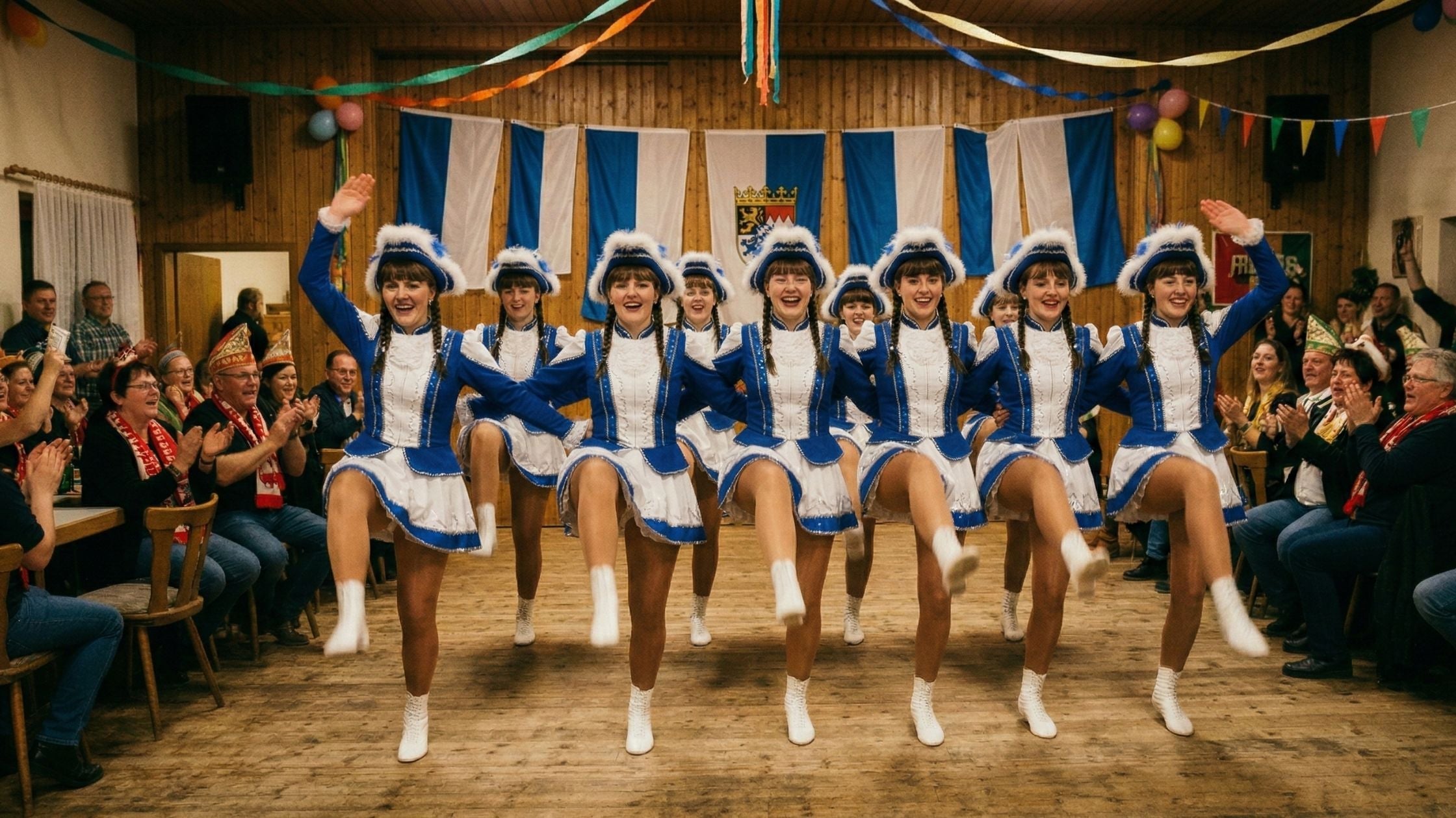 Eine Funkengarde tanzt beim Karneval. Das Publikum singt mit, klatscht und freut sich.