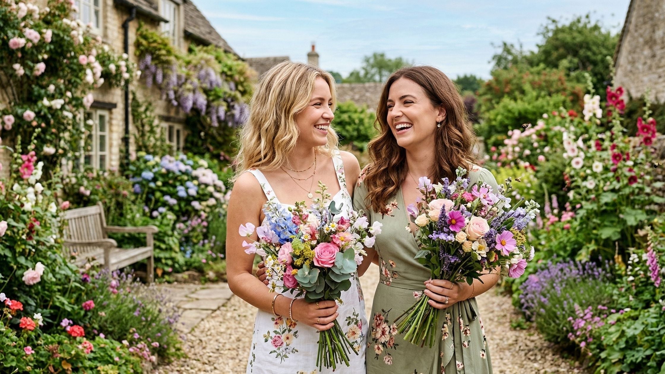 Zwei Frauen feiern den Internationalen Frauentag. Sie lachen und halten schöne Blumensträuße in der Hand.