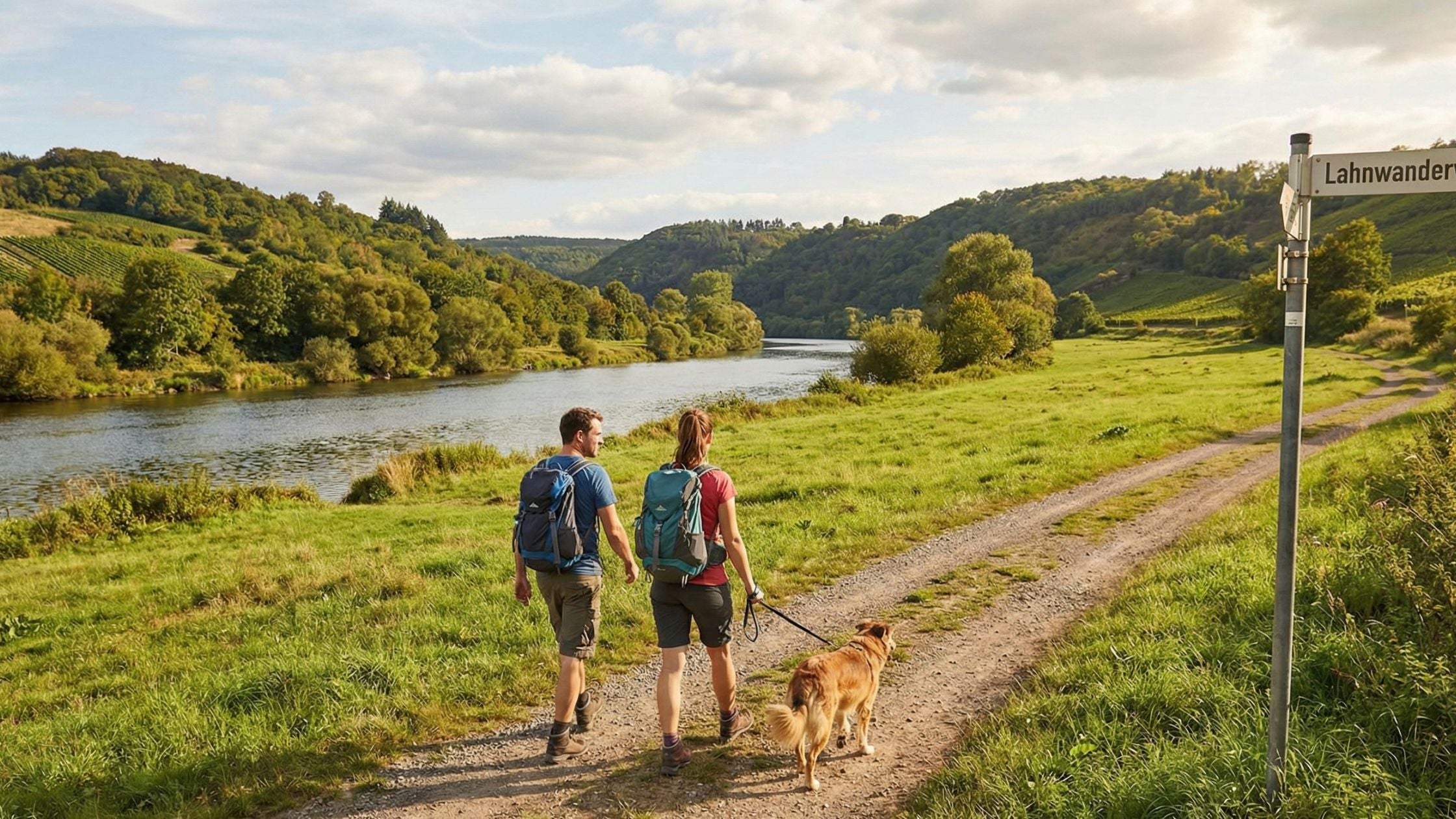 Auf dem Bild sieht man zwei Wanderer. Eine Frau, einen Mann und einen Hund, die gemeinsam an der Lahn wandern gehen.
