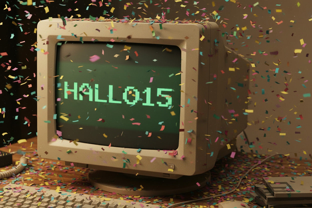 Auf dem Bild sieht man einen alten Computerbildschirm. Dieser zeigt einen Code HALLO15 an. Konfetti bedeckt den ganzen Computer.