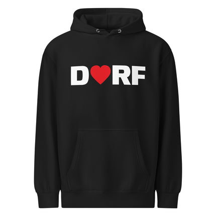 Man sieht die Vorderseite des Dorfliebe Hoodies in der Farbe Schwarz und der Aufschrift DORF. Der Buchstabe O ist durch ein rotes Herz ersetzt.