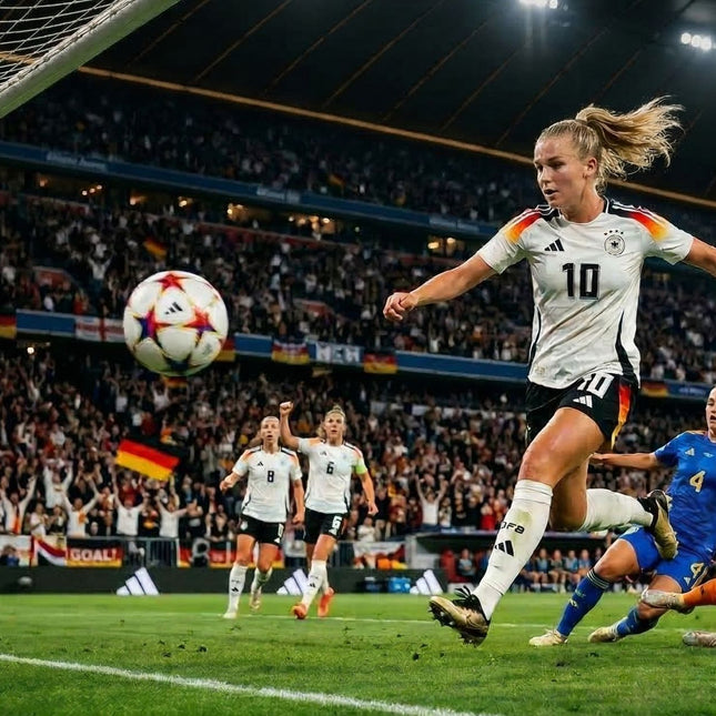 Eine dynamische Action-Aufnahme einer deutschen Nationalspielerin mit der Nummer 10, die gerade einen kraftvollen Schuss auf das Tor abgegeben hat. Der Ball fliegt in der Luft direkt auf das Netz zu. Im Hintergrund jubeln tausende Fans in einem vollbesetzten Stadion und schwenken schwarz-rot-goldene Flaggen. Die Szene spielt bei Flutlicht unter einem dunklen Stadiondach, während gegnerische Spielerinnen in blauen Trikots – darunter eine grätschende Verteidigerin und eine Torhüterin – versuchen, den Treffer 