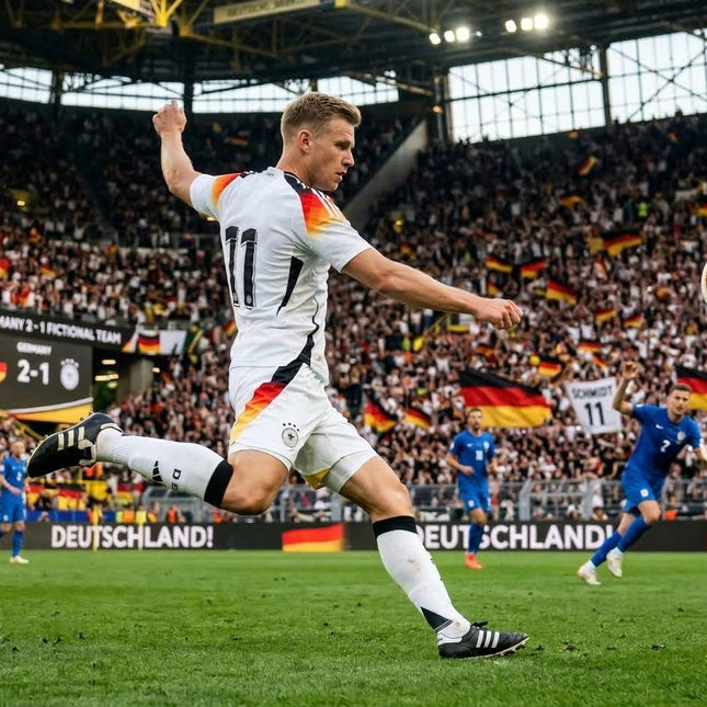 Ein deutscher Nationalspieler führt in einem ausverkauften Stadion einen kraftvollen Seitfallzieher-Volleyschuss aus, während tausende Fans schwarz-rot-goldene Flaggen schwenken.