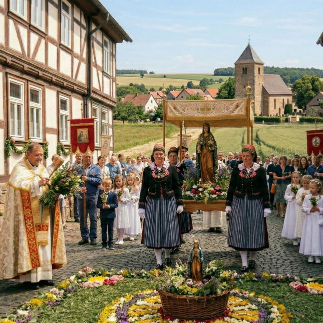 Menschen feiern Mariä Himmelfahrt. Es ist schönes Wetter und Blumen- und Kräutersträuße werden gebunden.