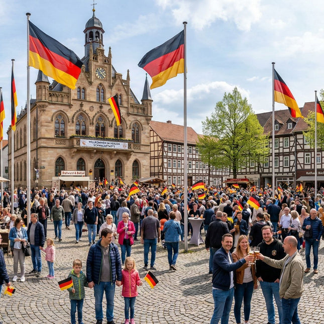 Viele Menschen haben sich am Rathaus versammelt um die Deutsche Einheit gemeinsam zu feiern. Deutsche Flaggen wehen überall.