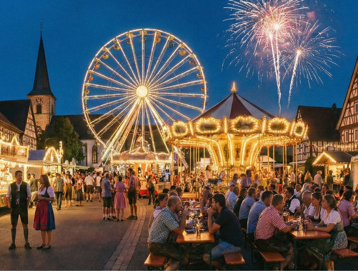 Auf dem Bild sieht man ein Stadtfest mit Riesenrad und Feuerwerk.