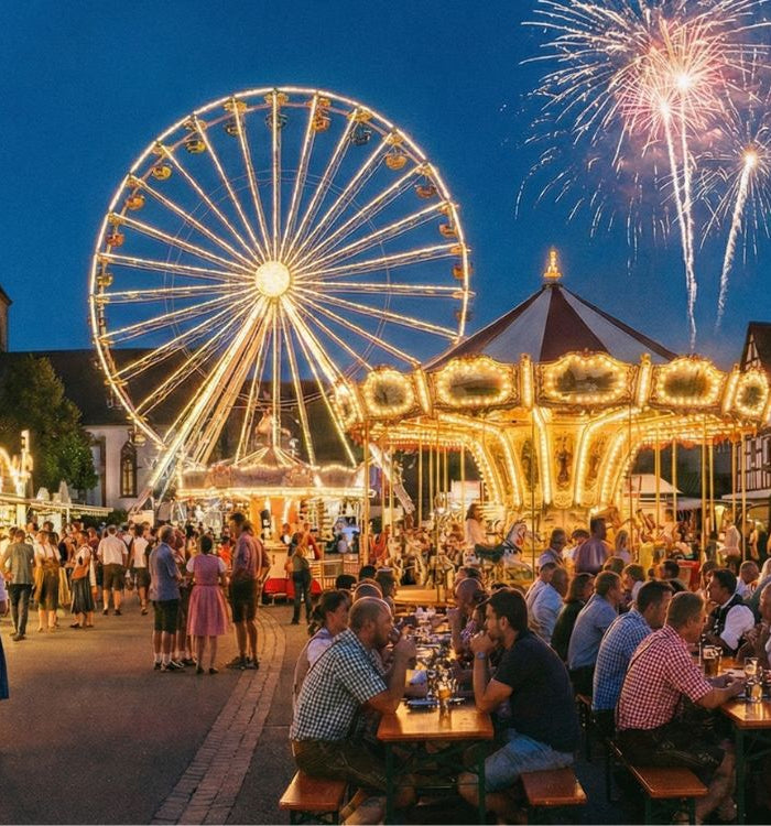 Auf dem Bild sieht man ein Stadtfest mit Riesenrad und Feuerwerk.