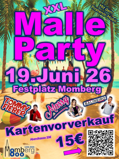 800 Jahre Momberg Flyer mit Infos zur XXL Malle Party am 19. Juni 2026 auf dem Festplatz Momberg.