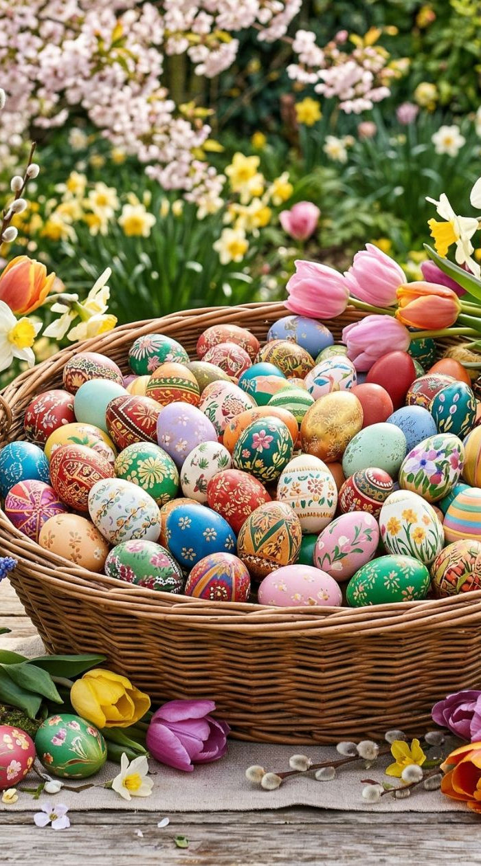 Ein großer Weidenkorb voller bunt verzierter Ostereier auf einem rustikalen Holztisch, umgeben von vielfältigen Frühlingsblumen in einem blühenden Garten.