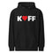 Man sieht die Vorderseite des Kaffliebe Hoodies in der Farbe Schwarz und der Aufschrift KAFF. Der Buchstabe A ist durch ein rotes Herz ersetzt.