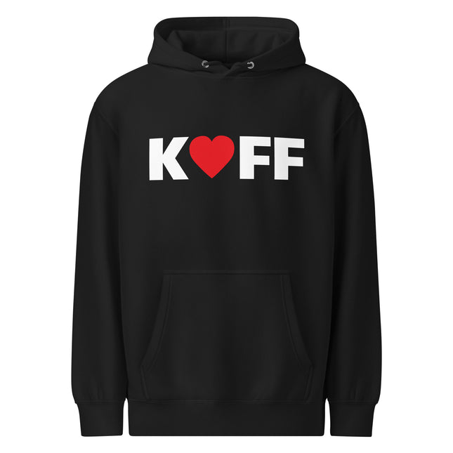 Man sieht die Vorderseite des Kaffliebe Hoodies in der Farbe Schwarz und der Aufschrift KAFF. Der Buchstabe A ist durch ein rotes Herz ersetzt.