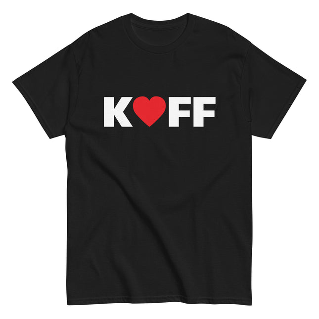 Man sieht die Vorderseite des Kaffliebe T-Shirts in der Farbe Schwarz und der Aufschrift KAFF. Der Buchstabe A ist durch ein rotes Herz ersetzt.
