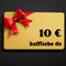 kaffliebe.de 10 € Gutschein in der Farbe Gold mit einer roten Schleife auf einem schwarzen Hintergrund.