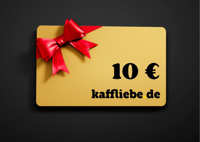 kaffliebe.de 10 € Gutschein in der Farbe Gold mit einer roten Schleife auf einem schwarzen Hintergrund.