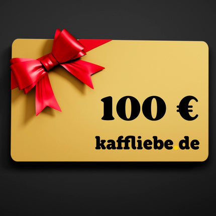 kaffliebe.de 100 € Gutschein in der Farbe Gold mit einer roten Schleife auf einem schwarzen Hintergrund.