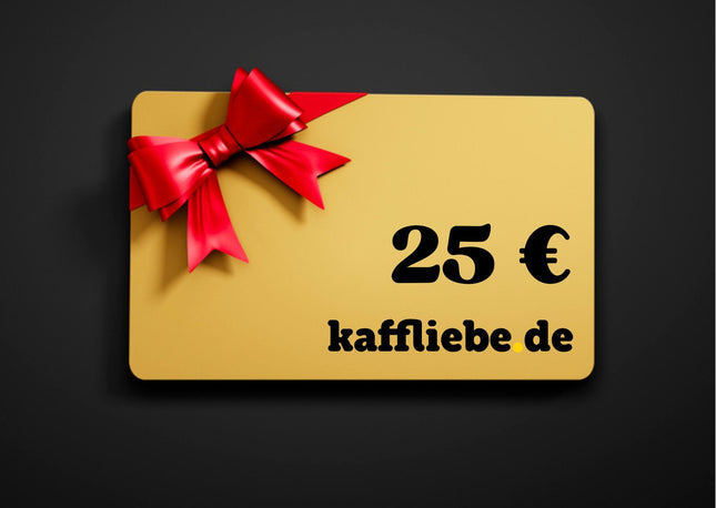 kaffliebe.de 25 € Gutschein in der Farbe Gold mit einer roten Schleife auf einem schwarzen Hintergrund.