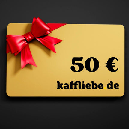 kaffliebe.de 50 € Gutschein in der Farbe Gold mit einer roten Schleife auf einem schwarzen Hintergrund.